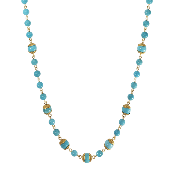 22K Gold Flower Capped Turquoise Bead Necklace