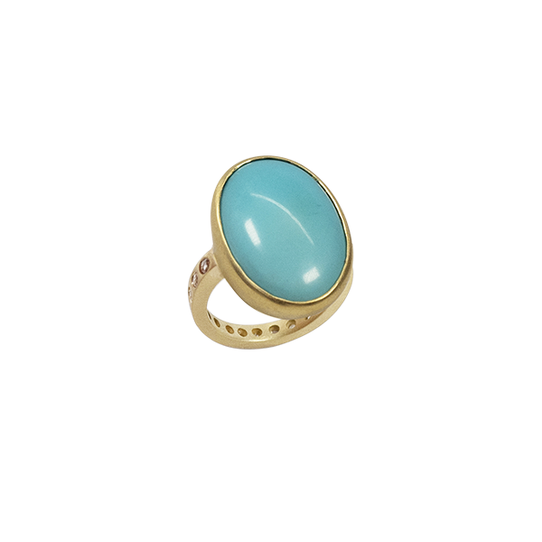 Sleeping Beauty Turquoise Ring with Natural White Rose Cut Diamonds in 18K Gold