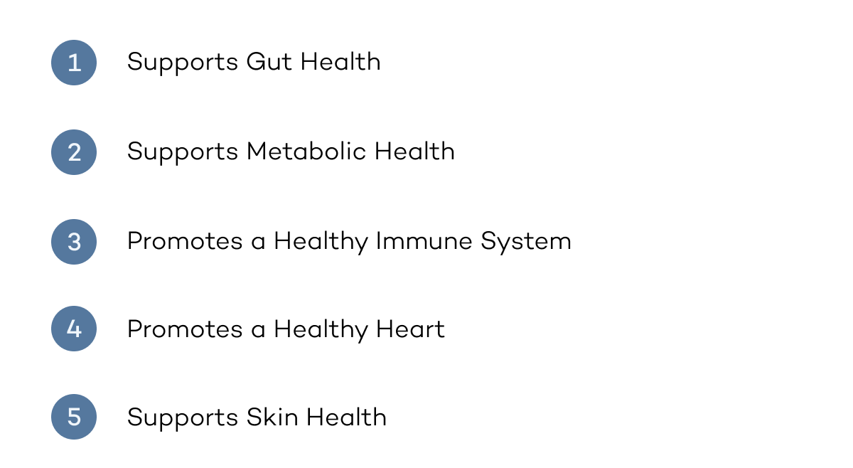 Supports Gut Health | Supports Metabolic Health | Promotes a Healthy Immune System | Promotes a Healthy Heart | Supports Skin Health