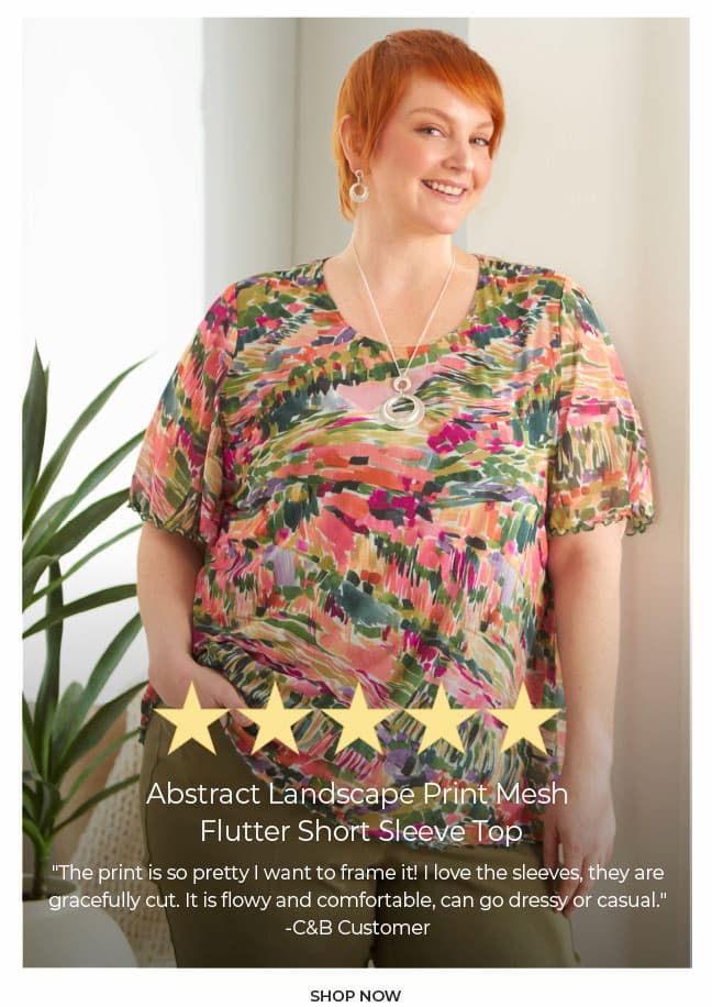 Abstract Landscape Print Mesh Flutter Short Sleeve Top - 5 Stars