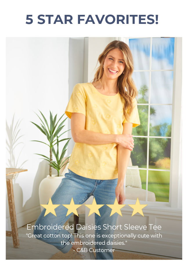 Embroidered Daisies Short Sleeve Tee - 5 Stars