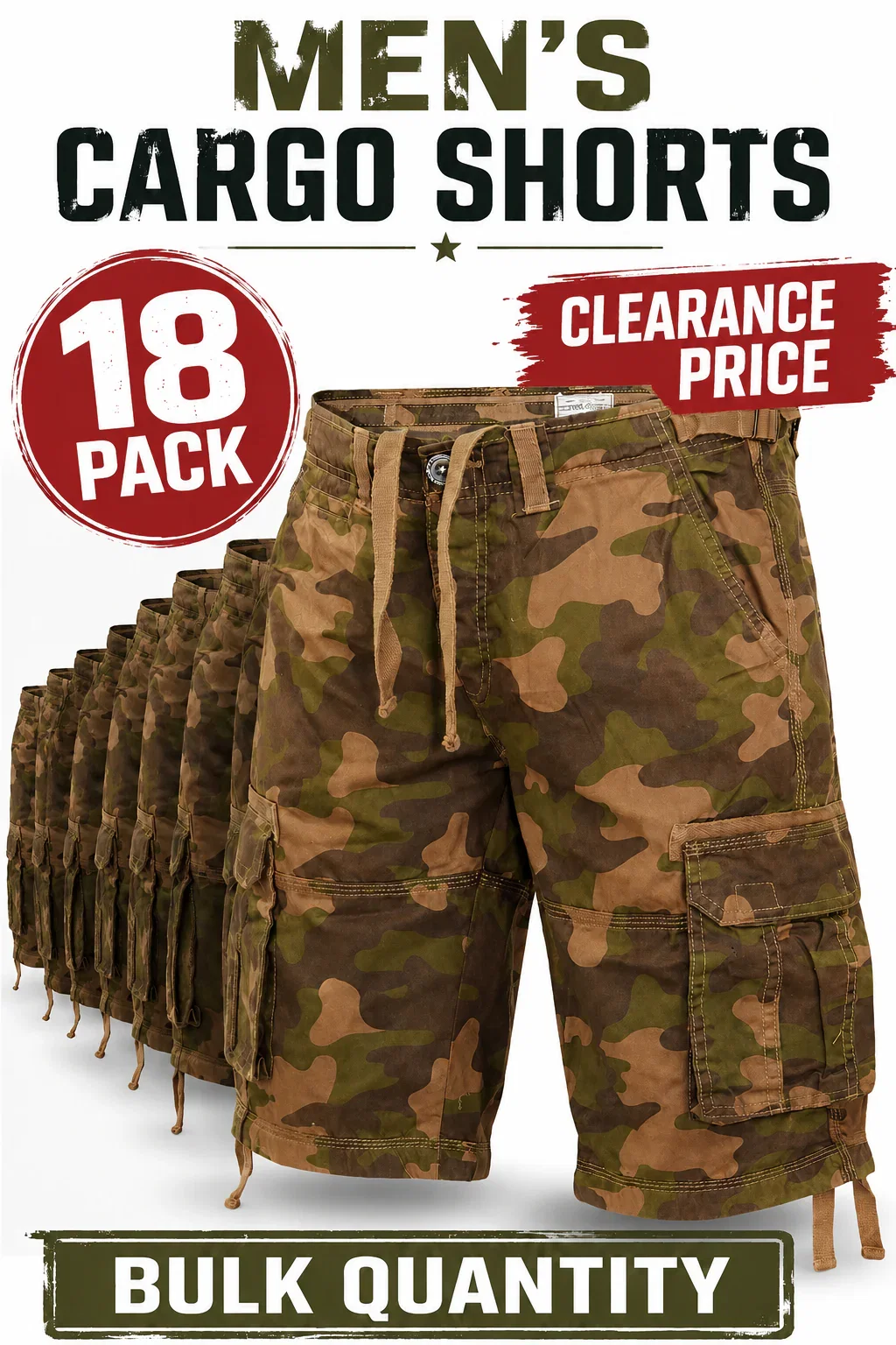 Image of 18 Pack Men’s Camouflage Cargo Shorts – Bulk Clearance Multi-Pocket Shorts