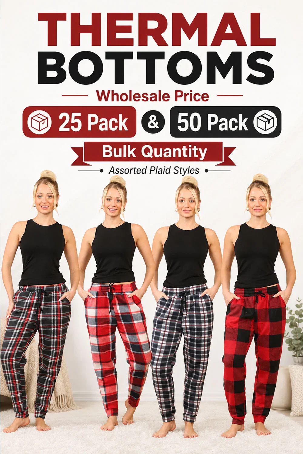Image of Women’s Plaid Thermal Pajama Bottoms – 25 or 50 Pack