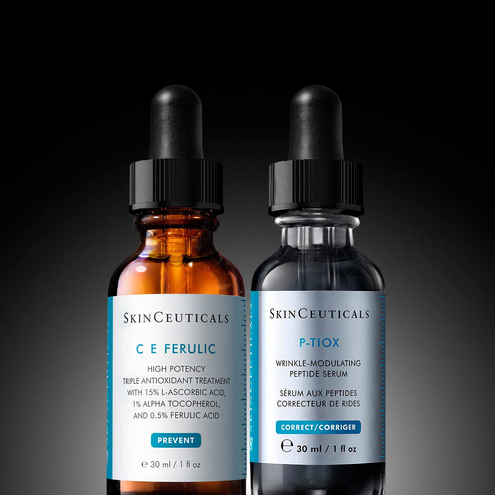 Von links nach rechts: C E Ferulic 15ml, HA Intensifier Multi-Glycan 30ml und Ultra Facial UV Defense Sunscreen 15ml vor dunklem Hintergrund