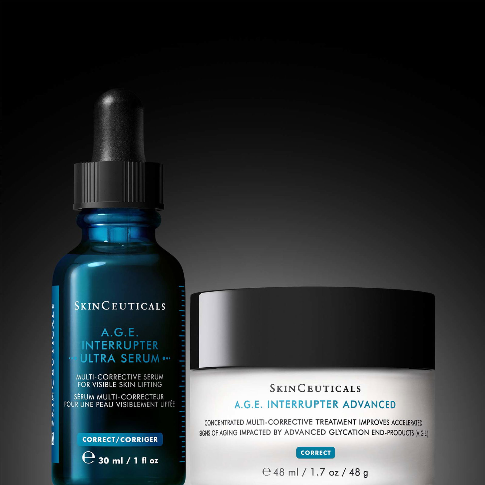 C E Ferulic, HA Intensifier Multi-Glycan und Ultra Facial UV Defense Sunscreen auf spiegelndem Boden und vor grauen Hintergrund
