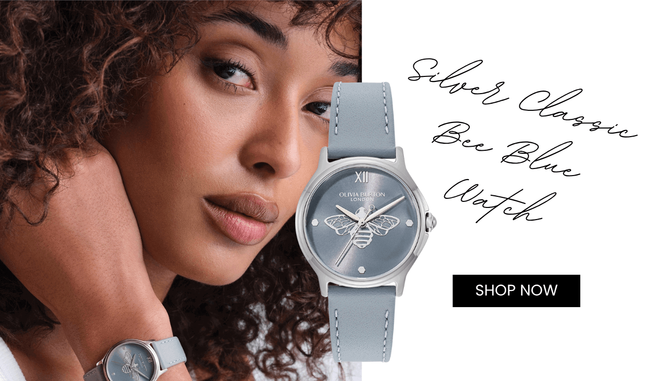 Olivia Burton Silver Classic Bee Chalk Blue Leather Bracelet Watch