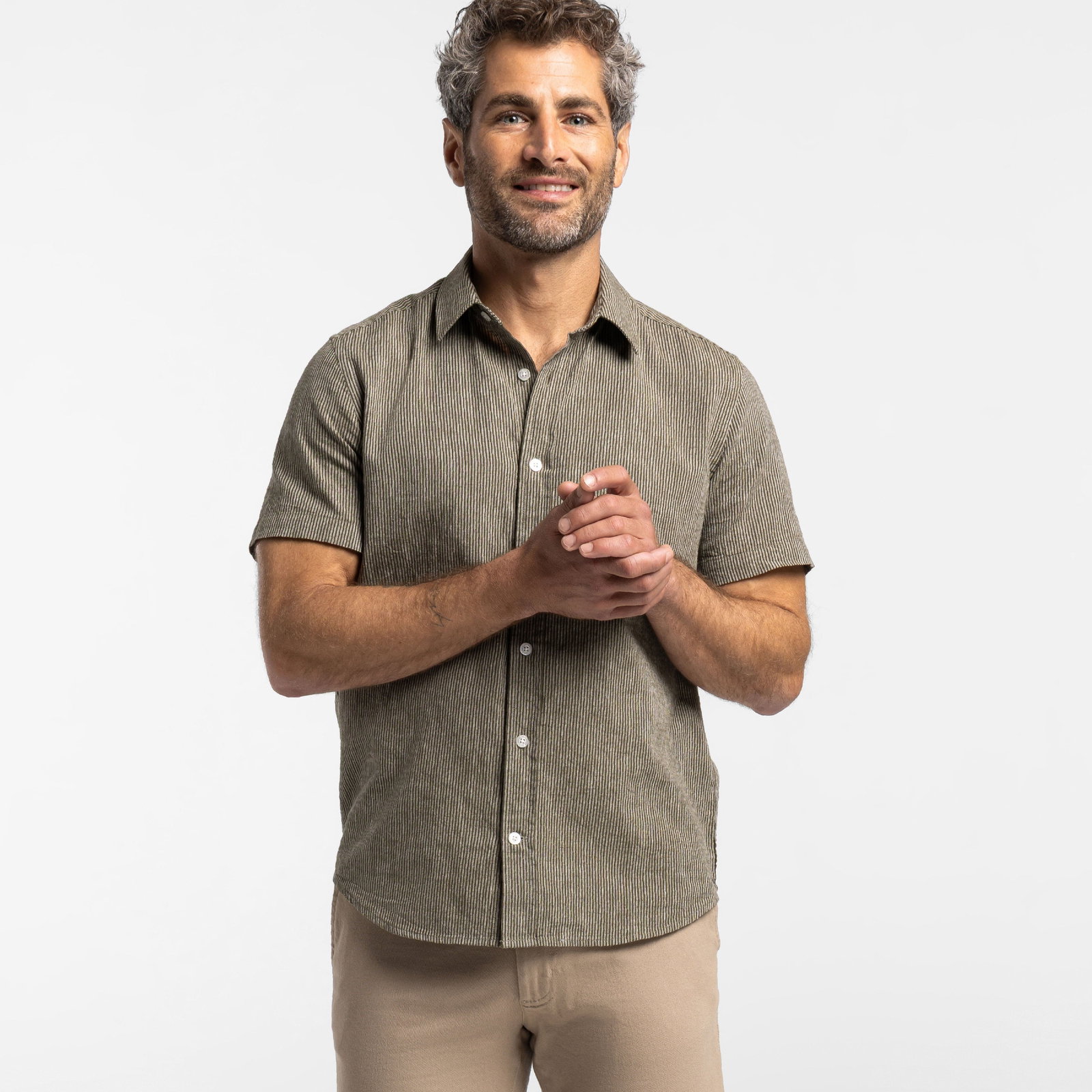 Image of Olive Stripes Linen Short Sleeve Shirt
