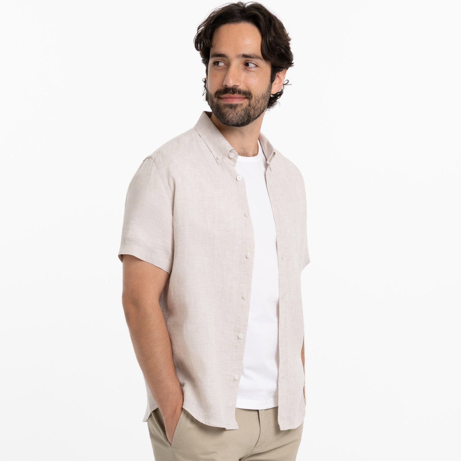 Image of Khaki Plaid Linen Short Sleeve Shirt