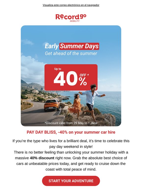 🤩-40% PAY DAY: Secure your holiday car now