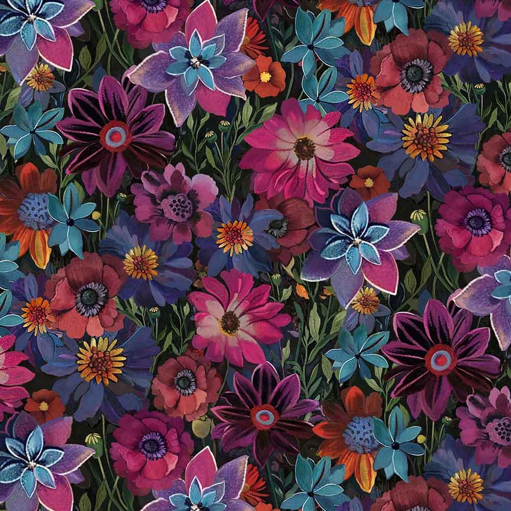 Image of Timeless Treasures - Calico Cat - Digital - Forest Floral - Black - Yardage