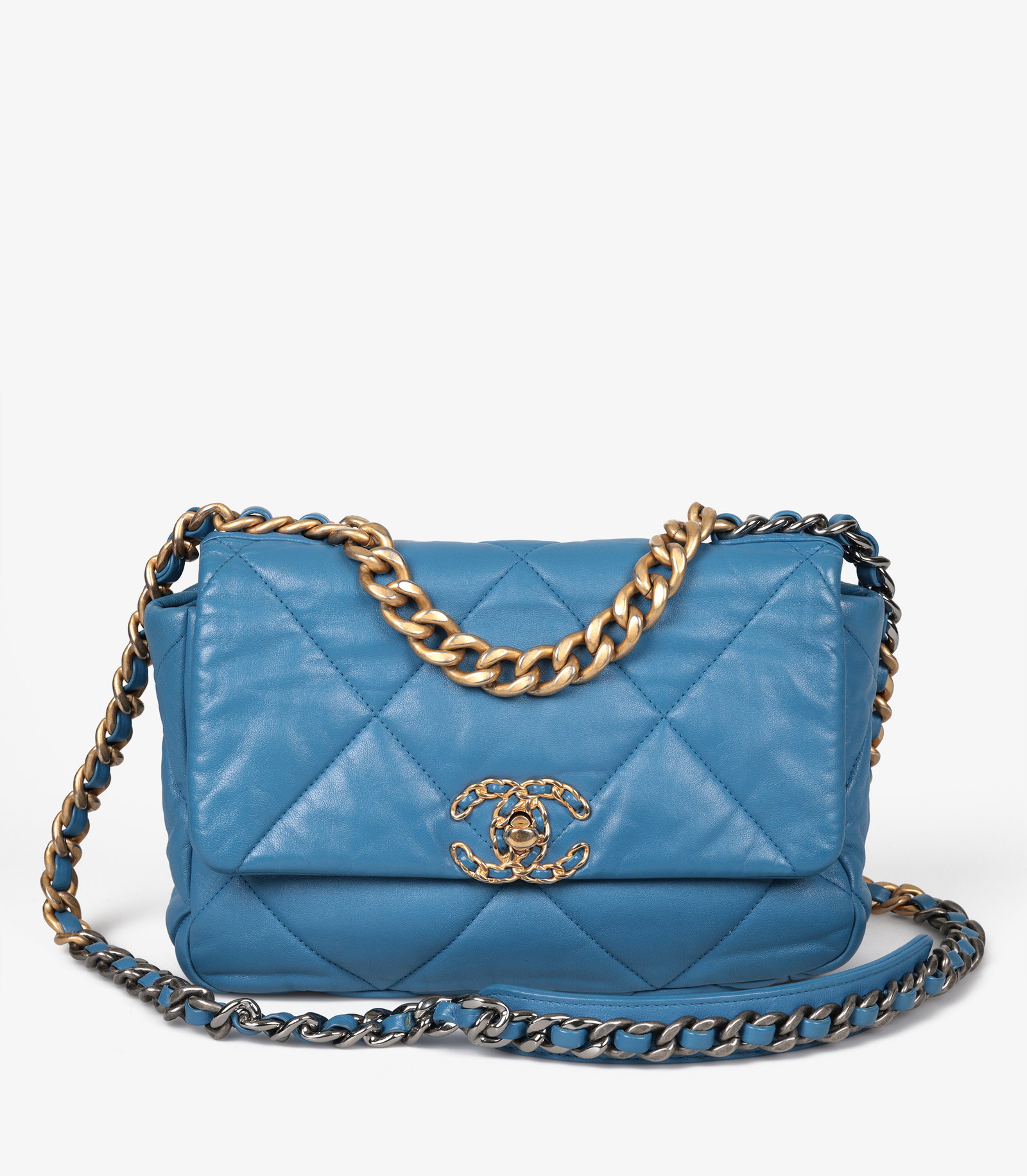 Blue Quilted Goatskin Leather Small 19 Flap Bag