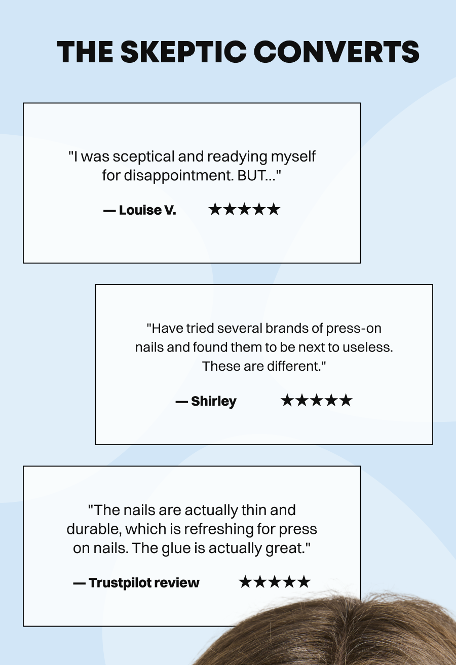 THE SKEPTIC CONVERTS  ⭐⭐⭐⭐⭐ "I was sceptical and readying myself for disappointment. BUT…" — Louise V.  ⭐⭐⭐⭐⭐ "Have tried several brands of press-on nails and found them to be next to useless. These are different." — Shirley  ⭐⭐⭐⭐⭐ "The nails are actually thin and durable, which is refreshing for press on nails. The glue is actually great." — Trustpilot review