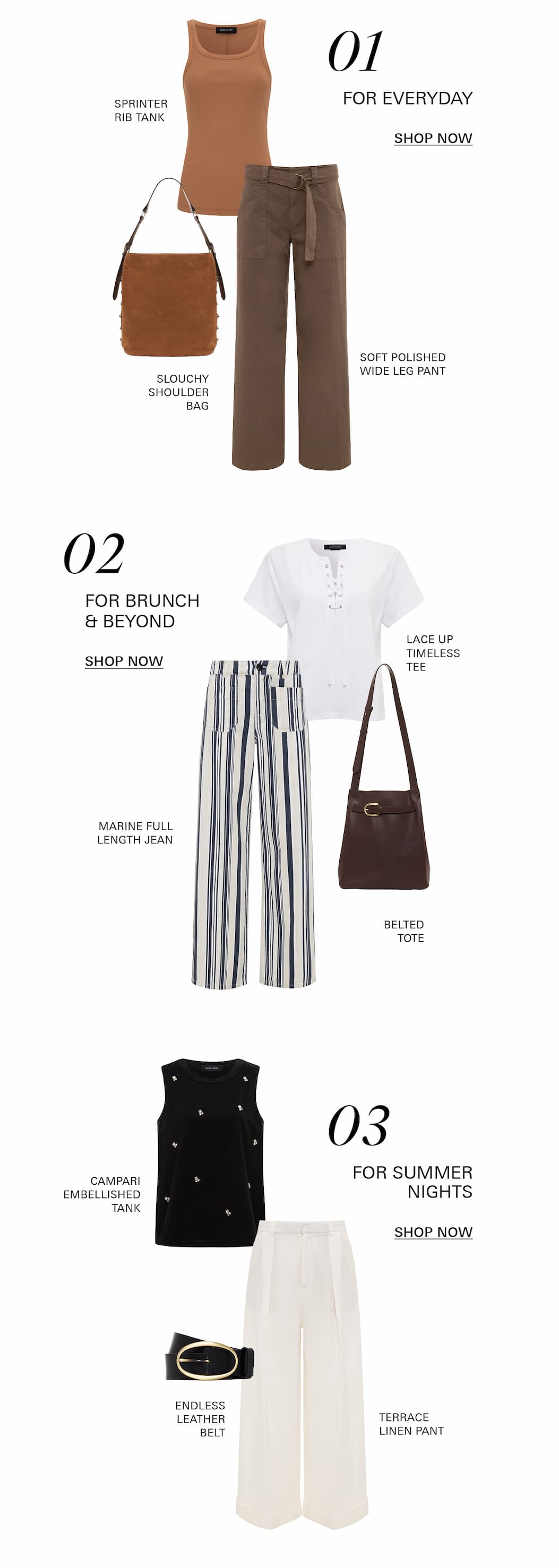 outfit inspiration for everyday dressing and brunch and beyond with tanks, tees, and marine pants