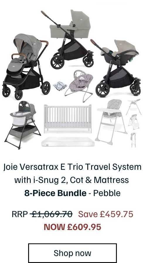 Joie Versatrax E Trio Travel System with i-Snug 2, Cot Bed & Mattress 8-Piece Bundle - Pebble