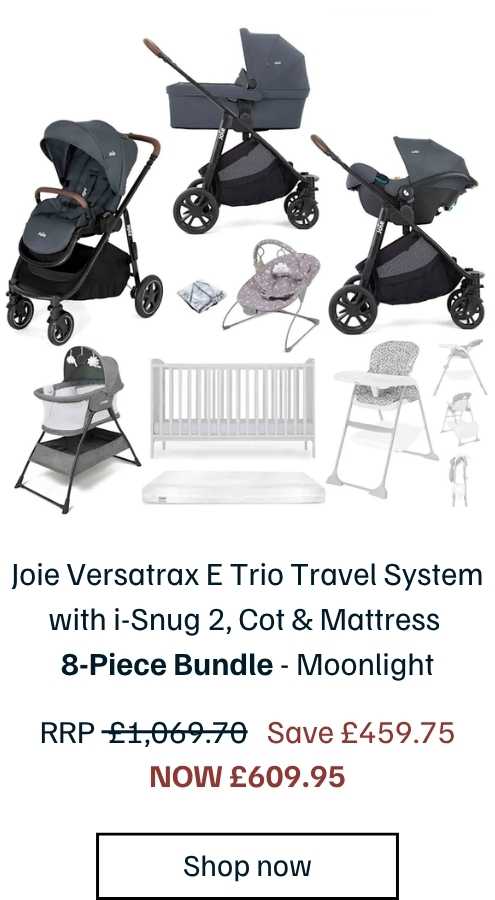 Joie Versatrax E Trio Travel System with i-Snug 2, Cot Bed & Mattress 8-Piece Bundle - Moonlight