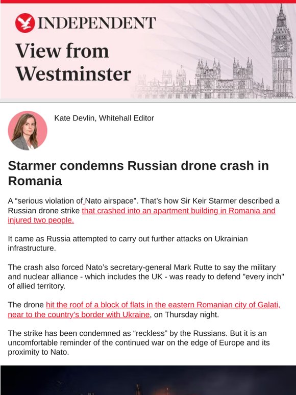Starmer condemns Russian drone crash in Romania