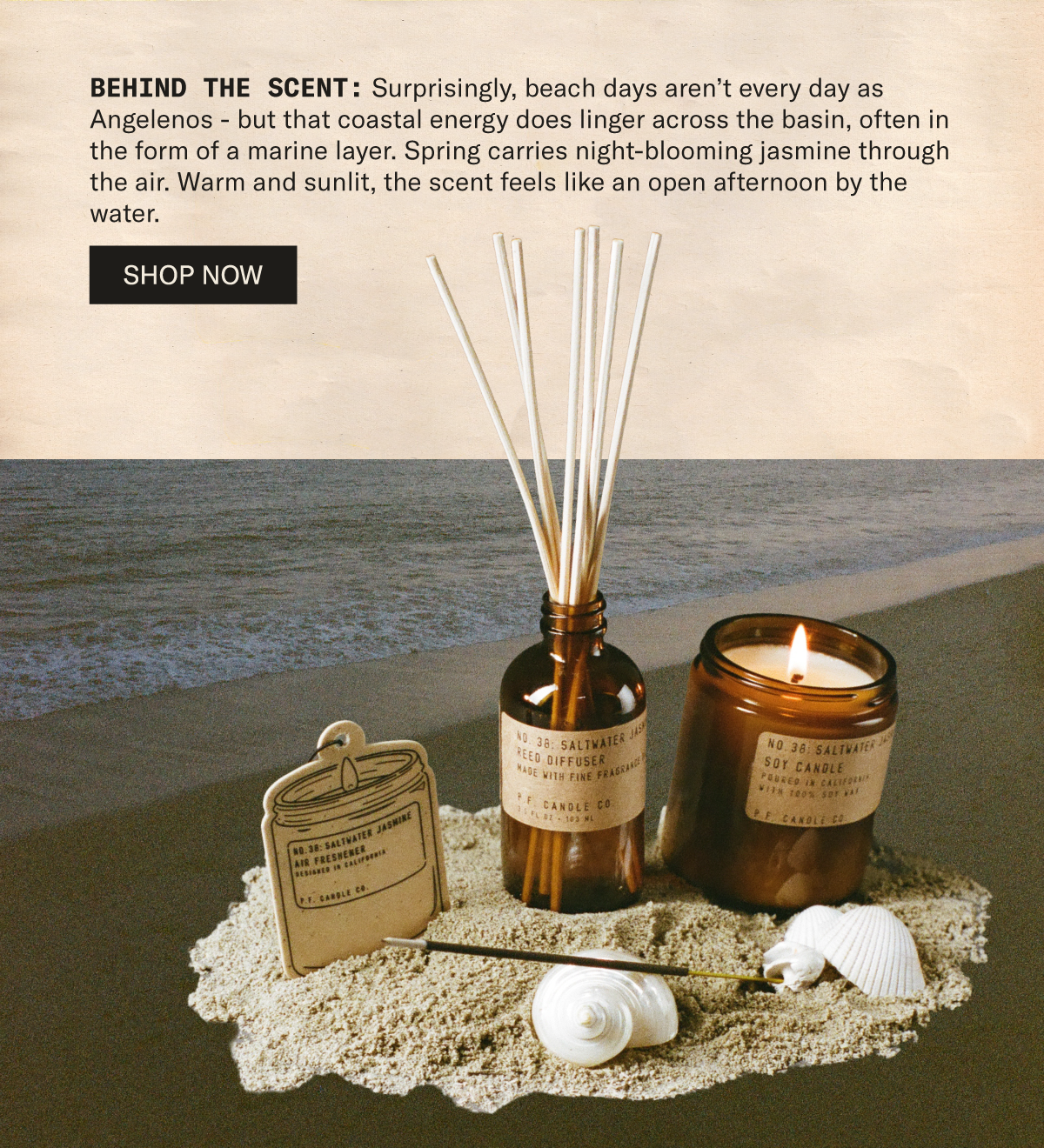 Behind the scent: Surprisingly, beach days aren’t every day as Angelenos - but that coastal energy does linger across the basin, often in the form of a marine layer. Spring carries night-blooming jasmine through the air. Warm and sunlit, the scent feels like an open afternoon by the water.  [SHOP SALTWATER JASMINE] [air freshener, reed diffuser, lit candle, and incense stick on display amongst sand and shells, overlaid image of beach shore]