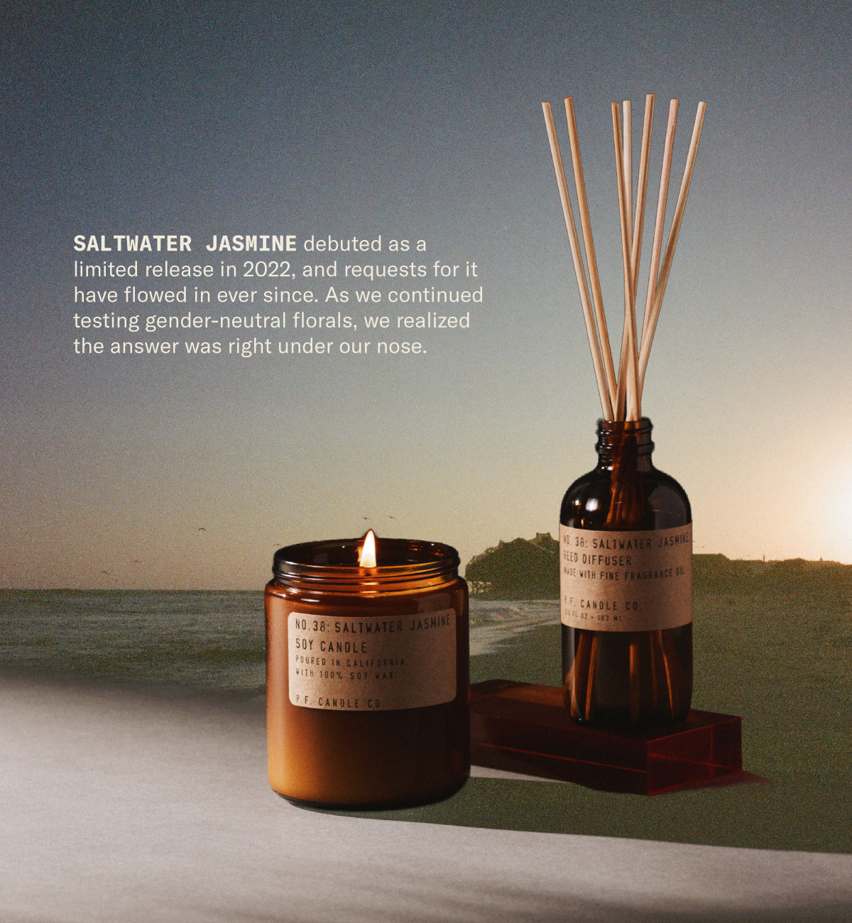 Saltwater Jasmine debuted as a limited release in 2022, and requests for it have flowed in ever since. As we continued testing gender-neutral florals, we realized the answer was right under our nose. [lit candle and reed diffuser on display over image of beach at sunset]