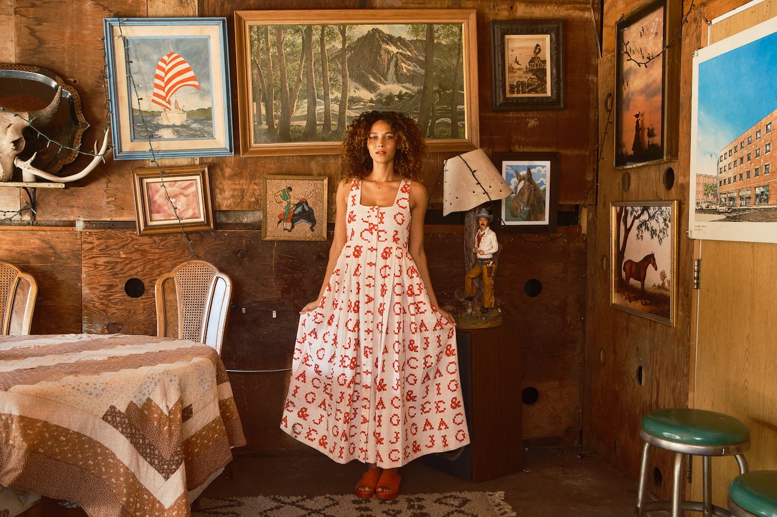 model in ginger dress monogram