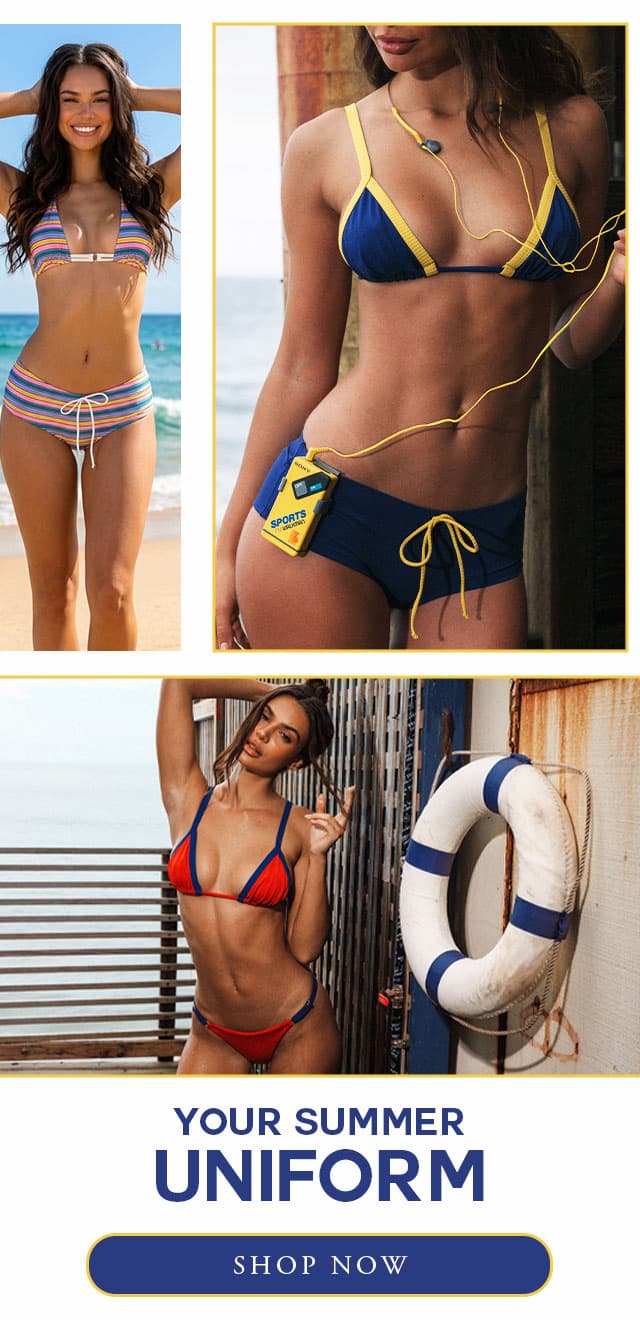 Collage of new Varsity Chic swimwear collection. Shop Varsity Chic. 