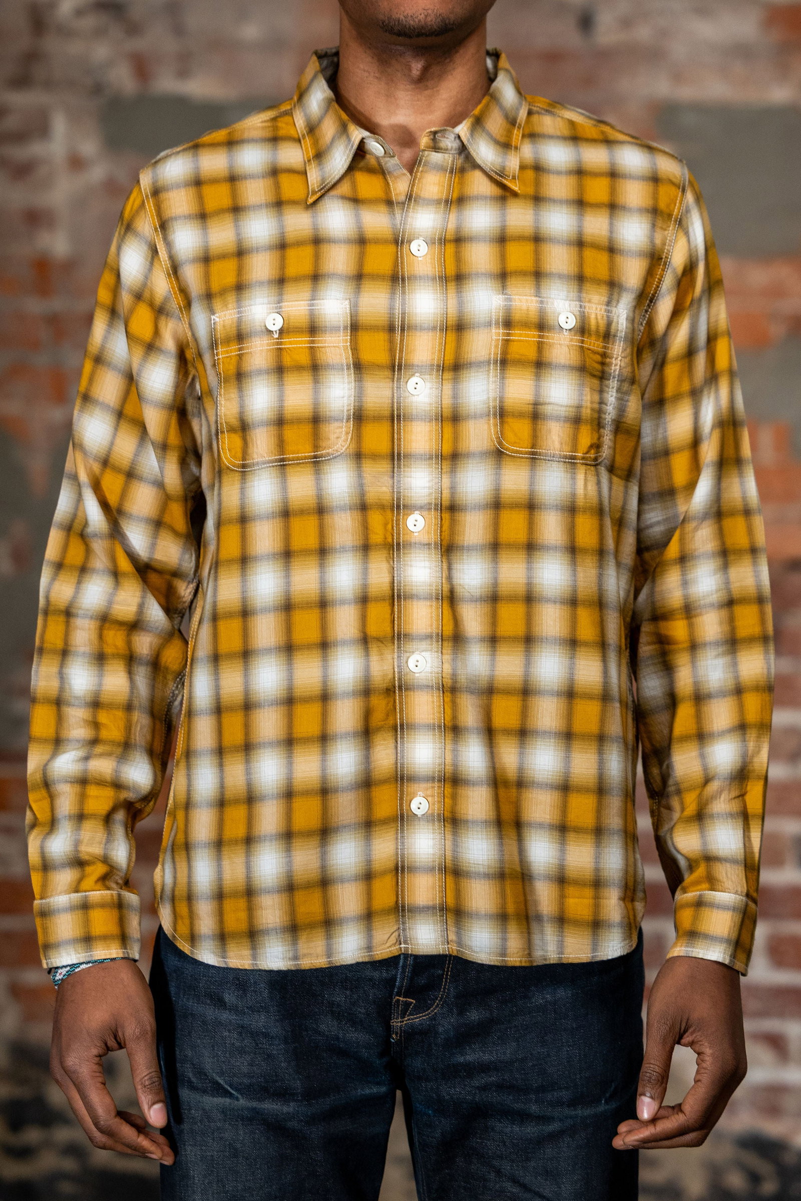 Image of The Flat Head FN-SCR-021L 3oz Cotton/Rayon Ombre Shirt - Yellow