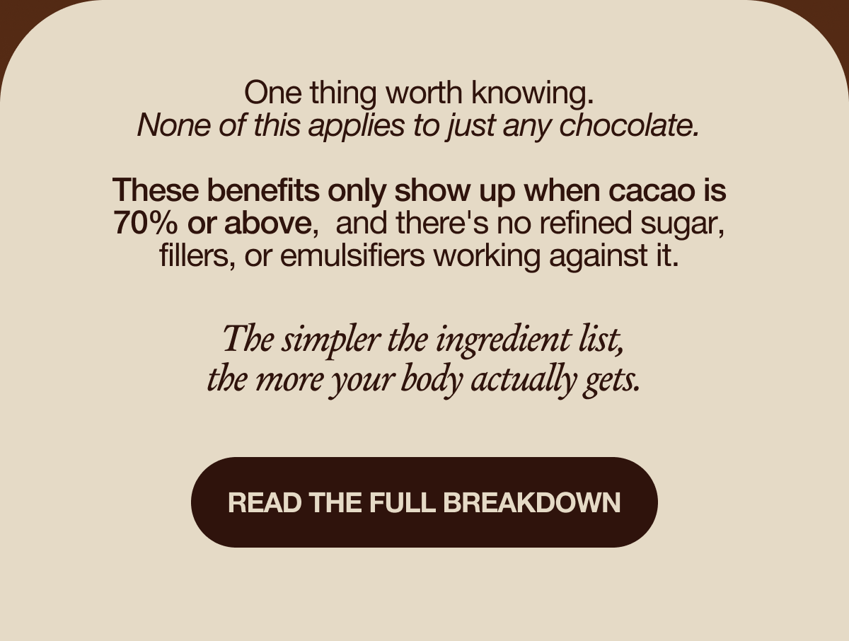 One thing worth knowing. None of this applies to just any chocolate.   These benefits only show up when cacao is 70% or above, and there's no refined sugar, fillers, or emulsifiers working against it.   The simpler the ingredient list, the more your body actually gets.