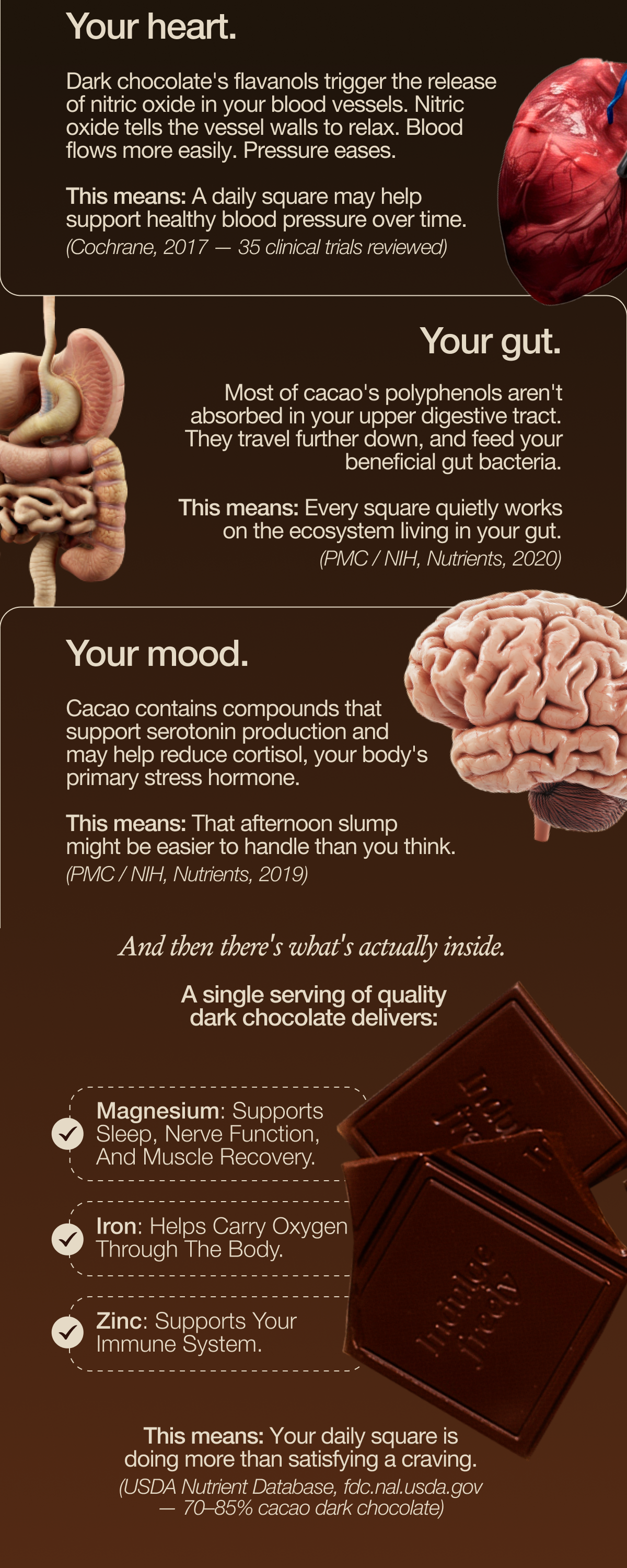 Your heart.   Dark chocolate's flavanols trigger the release of nitric oxide in your blood vessels. Nitric oxide tells the vessel walls to relax. Blood flows more easily. Pressure eases.   What that means: A daily square may help support healthy blood pressure over time. (Cochrane, 2017 — 35 clinical trials reviewed)   Your gut.   Most of cacao's polyphenols aren't absorbed in your upper digestive tract. They travel further down, and feed your beneficial gut bacteria.   What that means: Every square quietly works on the ecosystem living in your gut. (PMC / NIH, Nutrients, 2020)   Your mood.   Cacao contains compounds that support serotonin production and may help reduce cortisol, your body's primary stress hormone.   What that means: That afternoon slump might be easier to handle than you think. (PMC / NIH, Nutrients, 2019)   And then there's what's actually inside.   A single serving of quality dark chocolate delivers:   Magnesium: supports sleep, nerve function, and muscle recovery. Iron: helps carry oxygen through the body. Zinc: supports your immune system.   What that means: Your daily square is doing more than satisfying a craving. (USDA Nutrient Database, fdc.nal.usda.gov — 70–85% cacao dark chocolate) 