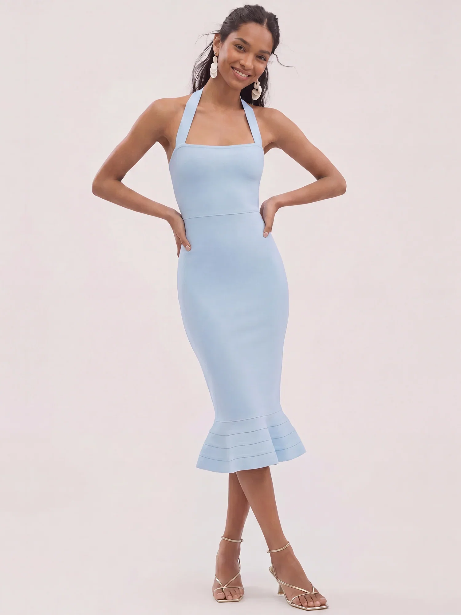 Image of Sleeveless Halterneck Bandage Bodycon Trumpet Hem Midi Dress