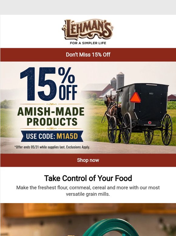 Ends Tomorrow: 15% Off Amish-Made Products ⏰