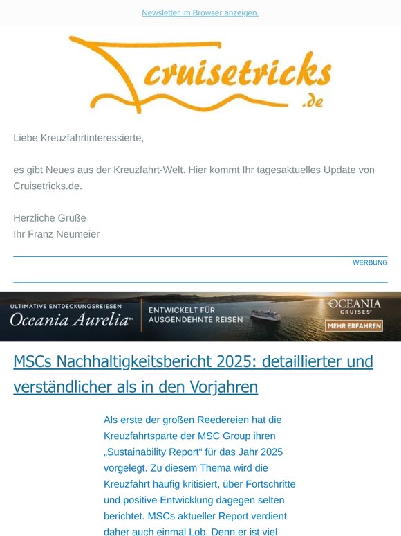 News, u.a.: "MSCs Nachhaltigkeitsbericht 2025: detaillierter und verständlicher als in den Vorjahren" - von cruisetricks.de
