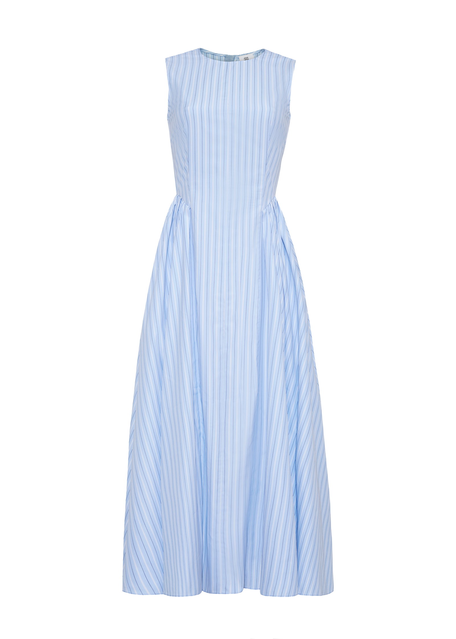 Ghost image of the aliena dress in pale blue and white stripe shirting