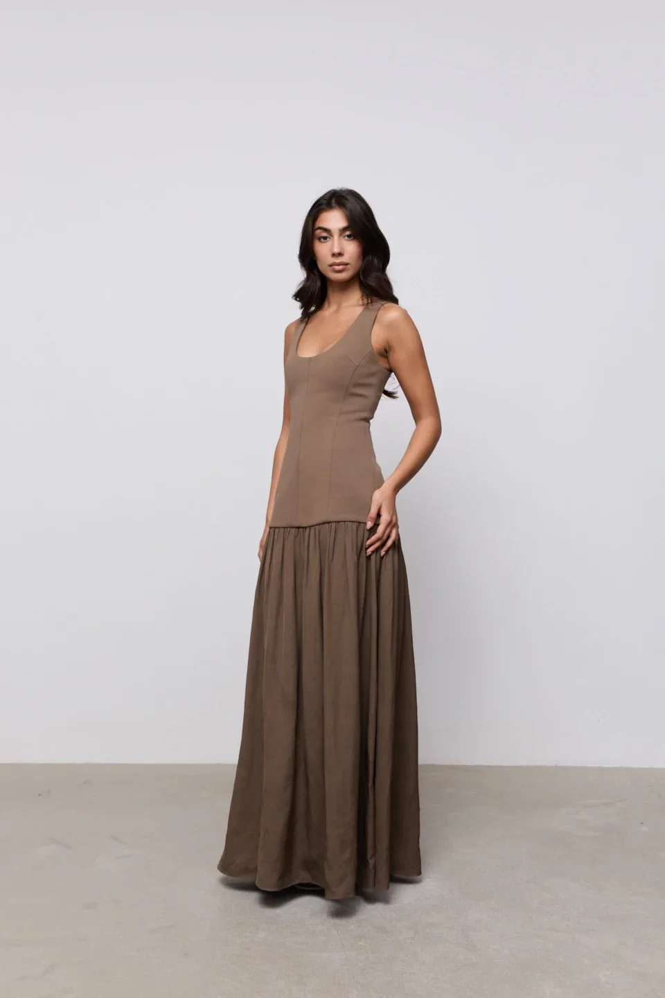 Image of Linen Mix Dropped Waist Maxi Dress