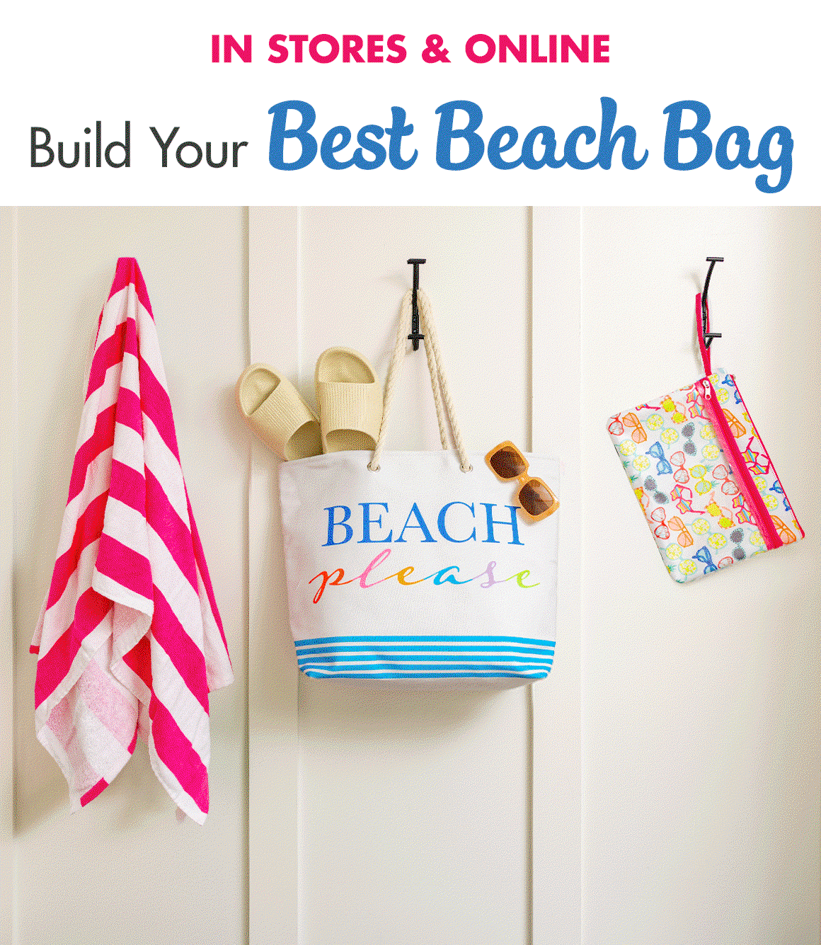 Build Your Best Beach Bag and a rotating GIF of various beach bags and matching towels and accessories