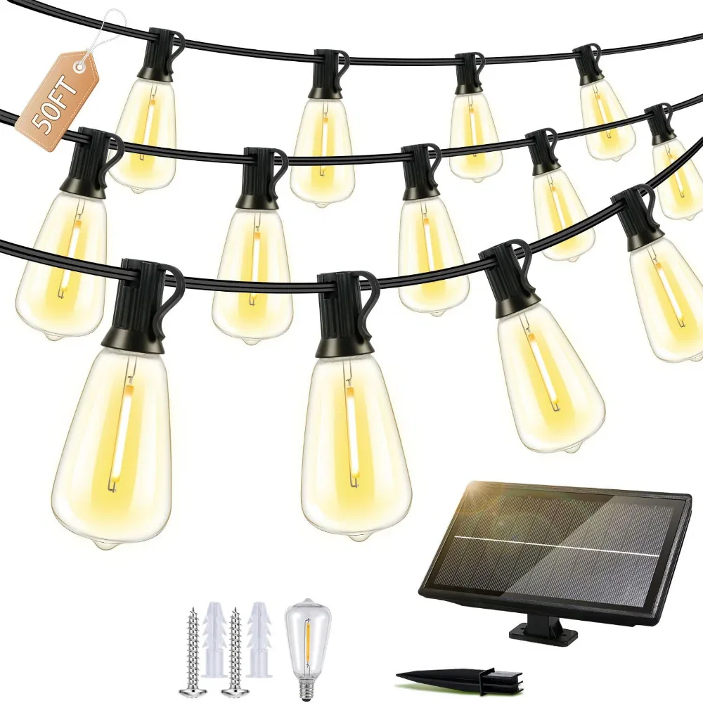 50FT Solar String Lights – Outdoor Waterproof Patio Lights with Remote Dimmable USB Recharge