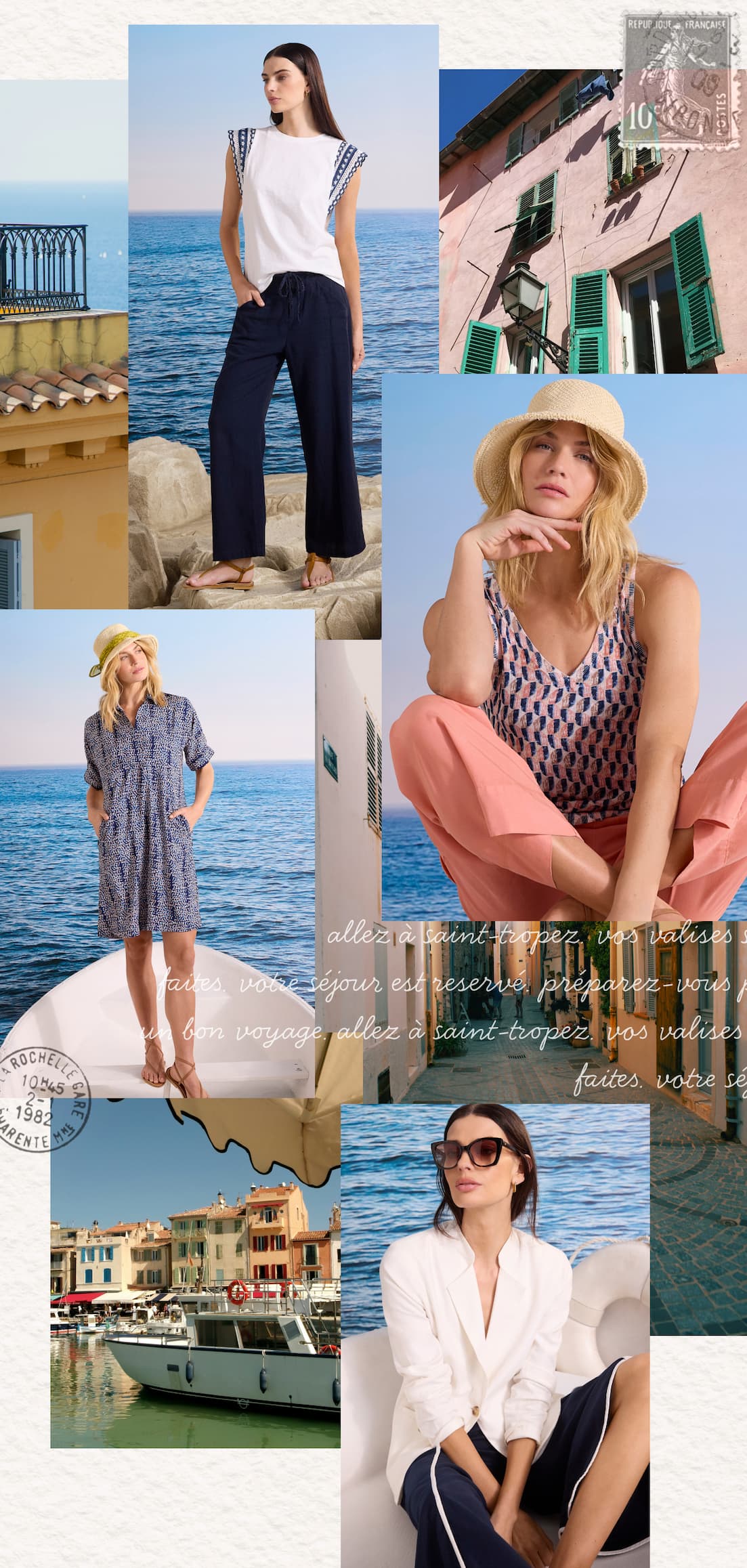 A French Riviera summer fashion mood board collage featuring models in resort wear alongside scenic images of coastal towns and boats. The lady wearing the new arrivals.