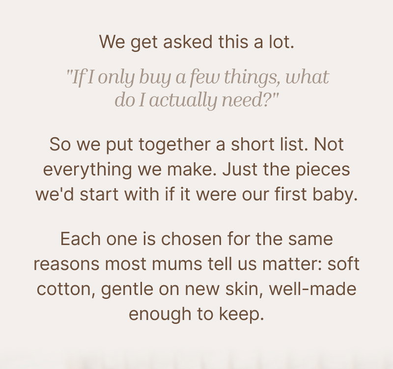 Centered brown text explaining a small selection of essential newborn items chosen for comfort, softness, and daily use.