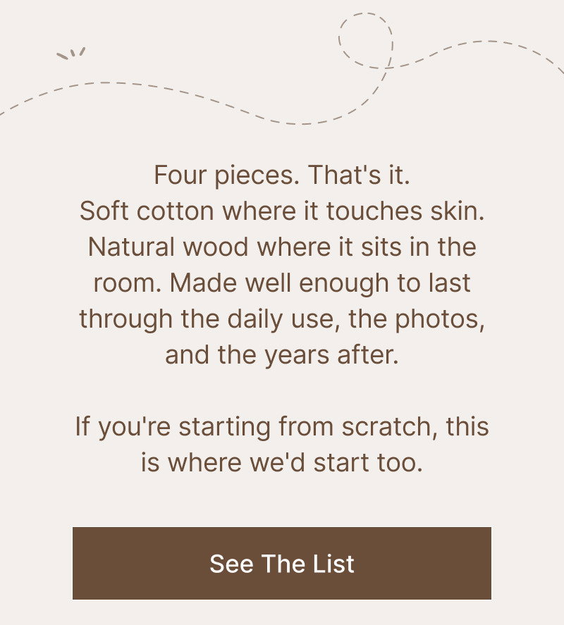 Brown text describing four nursery essentials above a brown button reading See The List.