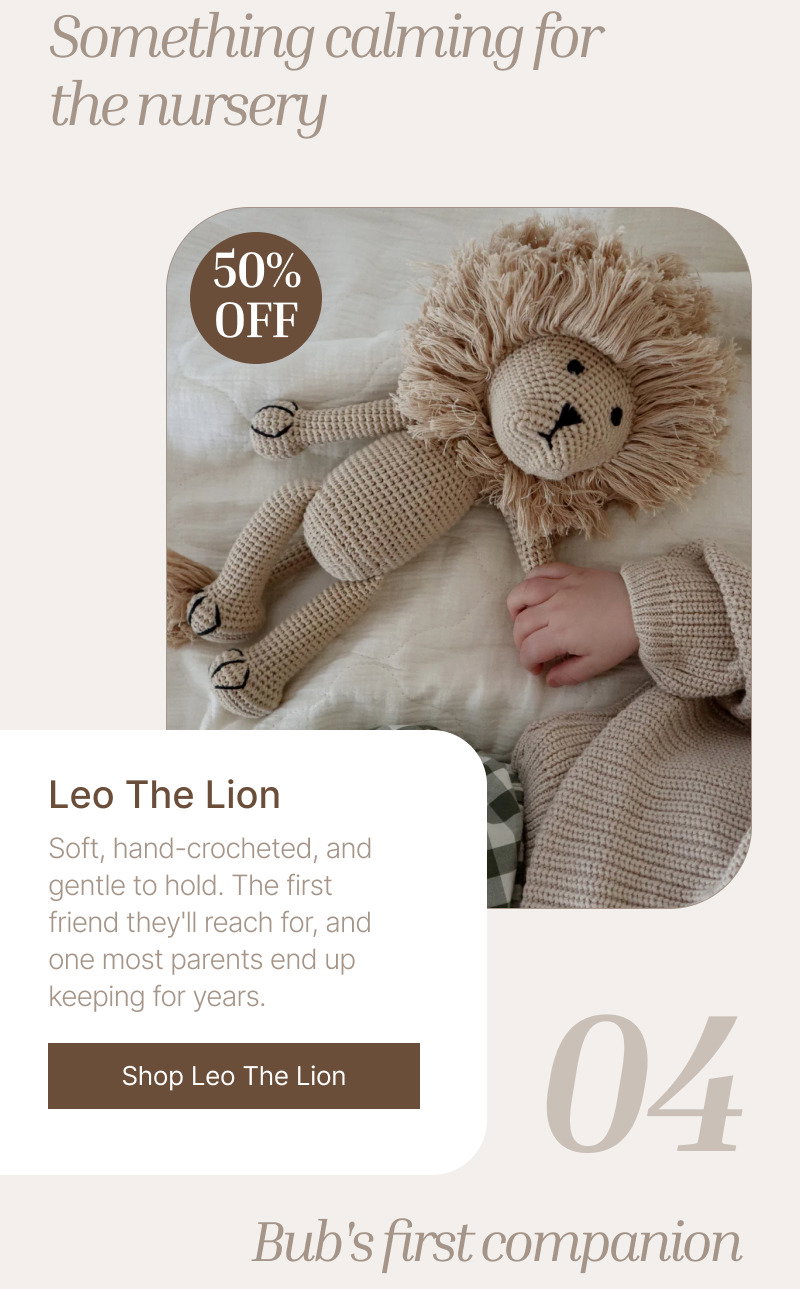 Plush lion toy resting beside a baby on a cream blanket with a discount badge and product information card below.