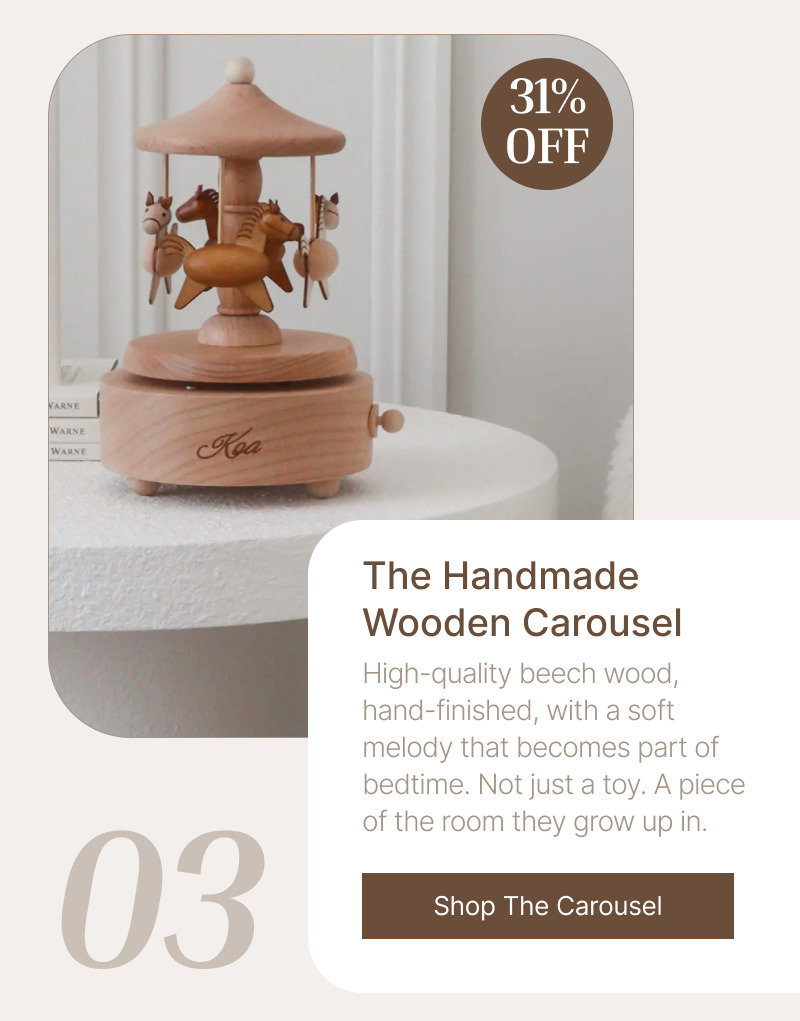 Wooden carousel displayed on a soft neutral background with a discount badge and product information card below.