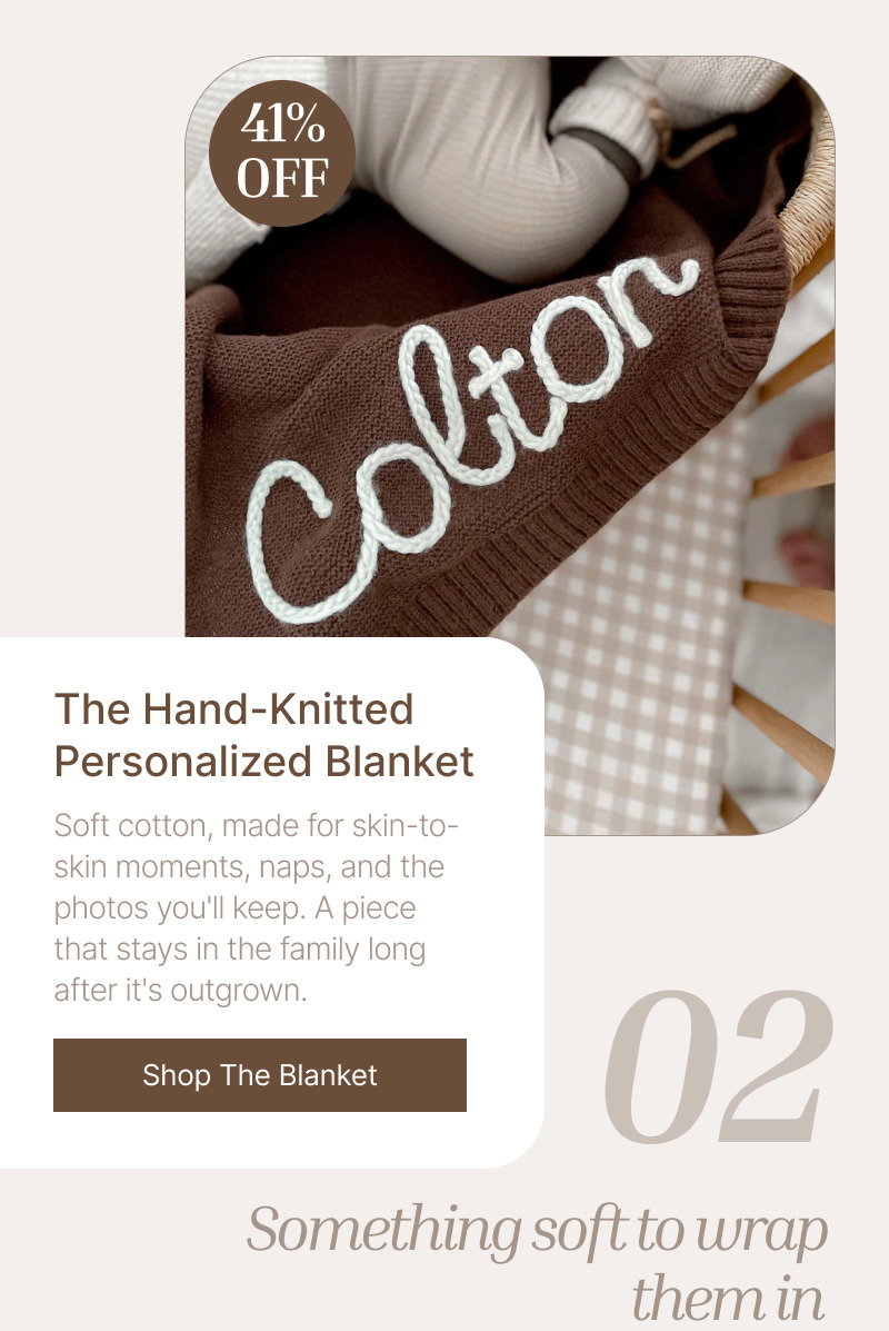 Personalized knit blanket with embroidered name shown in a warm nursery setting with a discount badge and product details.