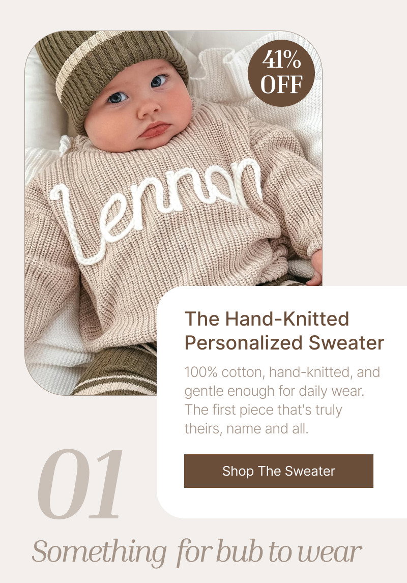 Close-up of a baby wearing a personalized knit sweater with a discount badge and product information card below.
