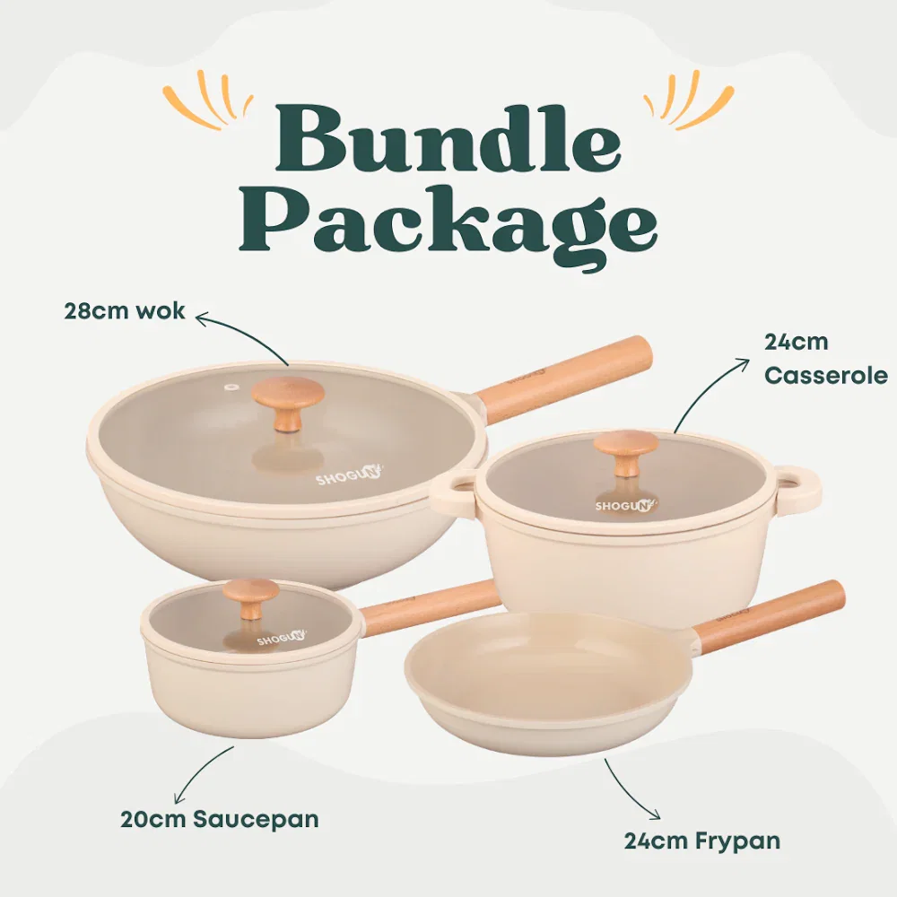 Shogun Ivory Set 1 - 24cm Frypan + 20cm Saucepan + 24cm Casserole + 28cm Wok with Glass Lid