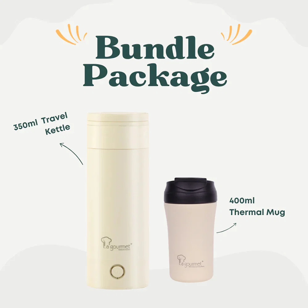 La Gourmet 350ml Electric Travel Kettle  - Cream +La Gourmet Superwide  400ml Thermal Mug - Cream