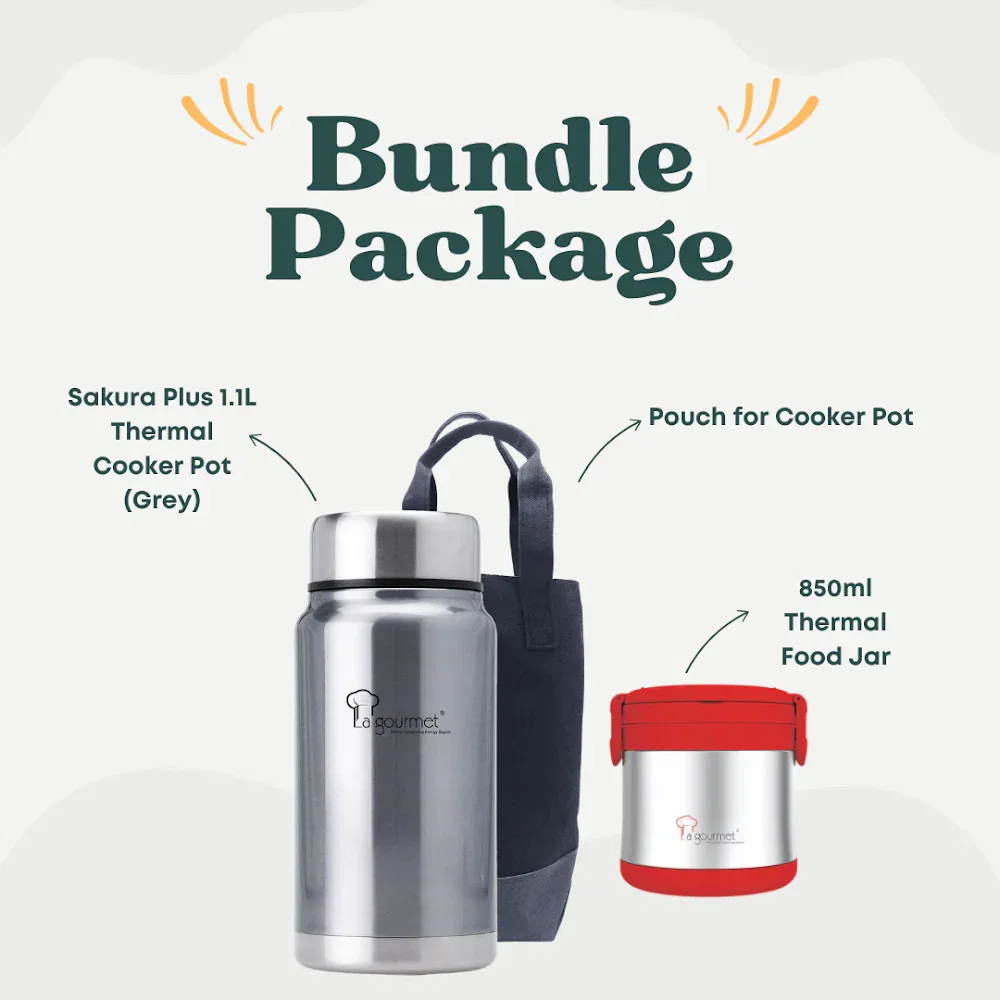 La Gourmet Sakura Plus 1.1L Thermal Cooker (Grey) + Flame 850ml Thermal Lunch Box