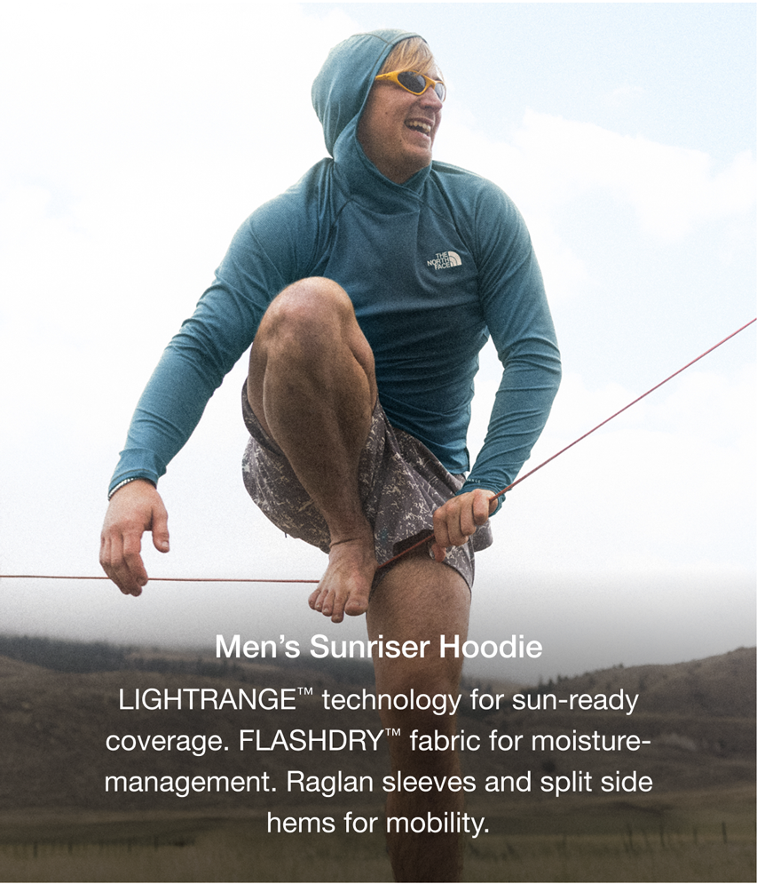 Men's Sunriser Hoodie. LIGHTRANGE™ technology for sun-ready coverage. FLASHDRY™ fabric for moisture- management. Raglan sleeves and split side hems for mobility.