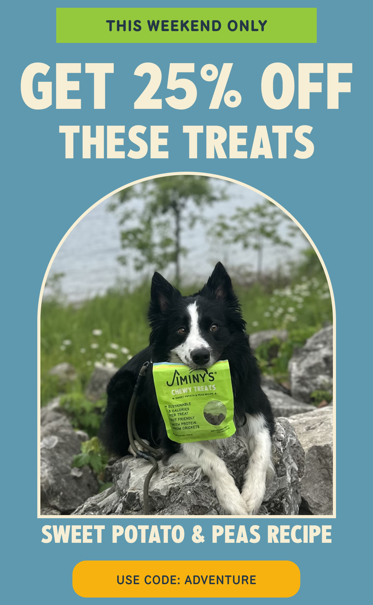 THIS WEEKEND ONLY   GET 25% OFF THESE TREATS    SWEET POTATO & PEAS RECIPE   USE CODE: ADVENTURE  