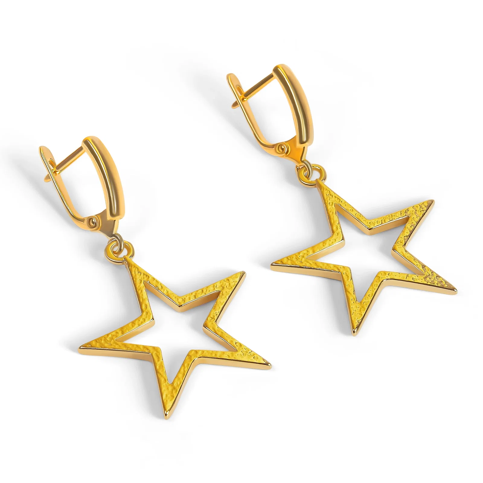 Image of Textured Sparkling Star Drop Earrings in Silver with 24ct Gold