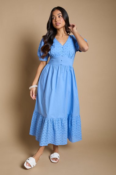 Petite Broderie Lace Trim Puff Sleeve Tiered Poplin Maxi Dress