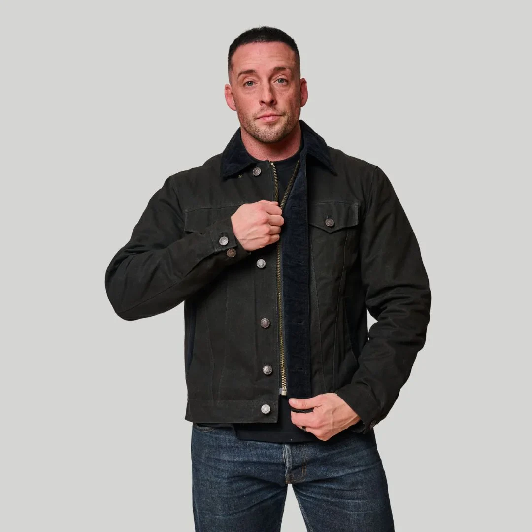 Image of Tobacco Trucker Waxed Canvas Motorcycle Jacket - Asphalt Black