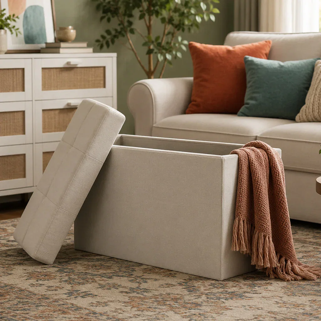 Cream upholstered storage ottoman with open lid and folded throw blanket in a modern living room setting